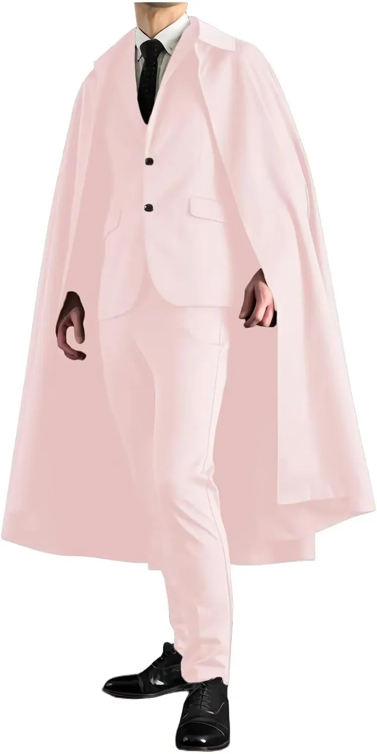 Suits for Men Regular Fit with Cape 2 Piece Set Single Breasted Notch Lapel Solid Jacket Pants for Party