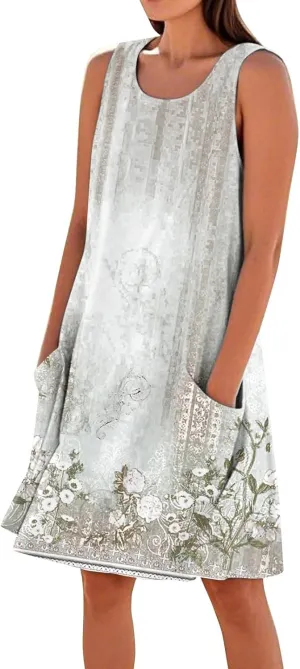 Summer Dresses for Women 2025 Sleeveless Beach T Shirt Dress Loose Casual Tank Dress U Neck Sundresses with Pockets