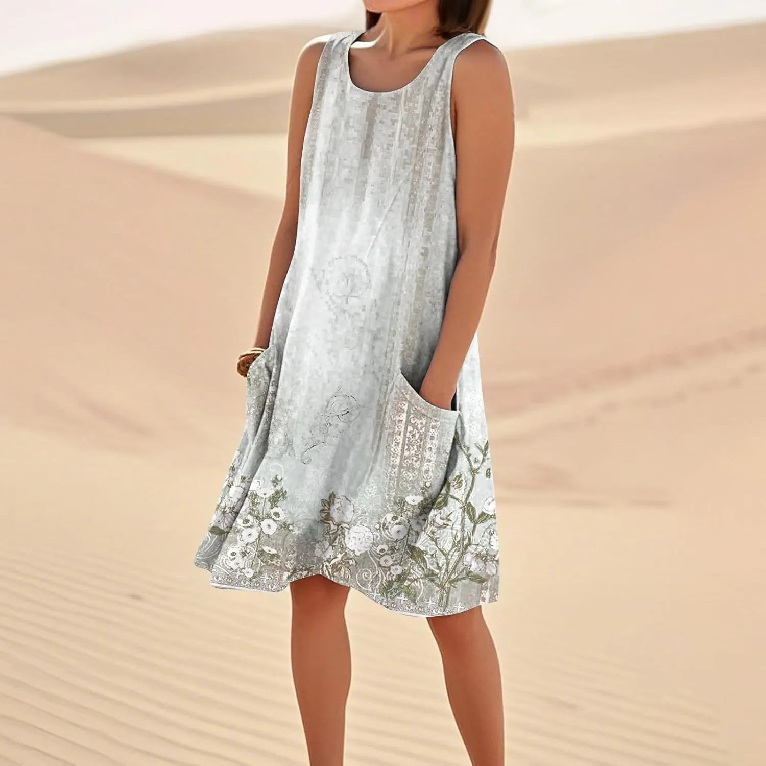 Summer Dresses for Women 2025 Sleeveless Beach T Shirt Dress Loose Casual Tank Dress U Neck Sundresses with Pockets