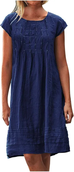 Summer Dresses for Women Casual Cotton Linen Midi Dress Plus Size Crew Neck Pleated Beach Dress Vacation Sundress