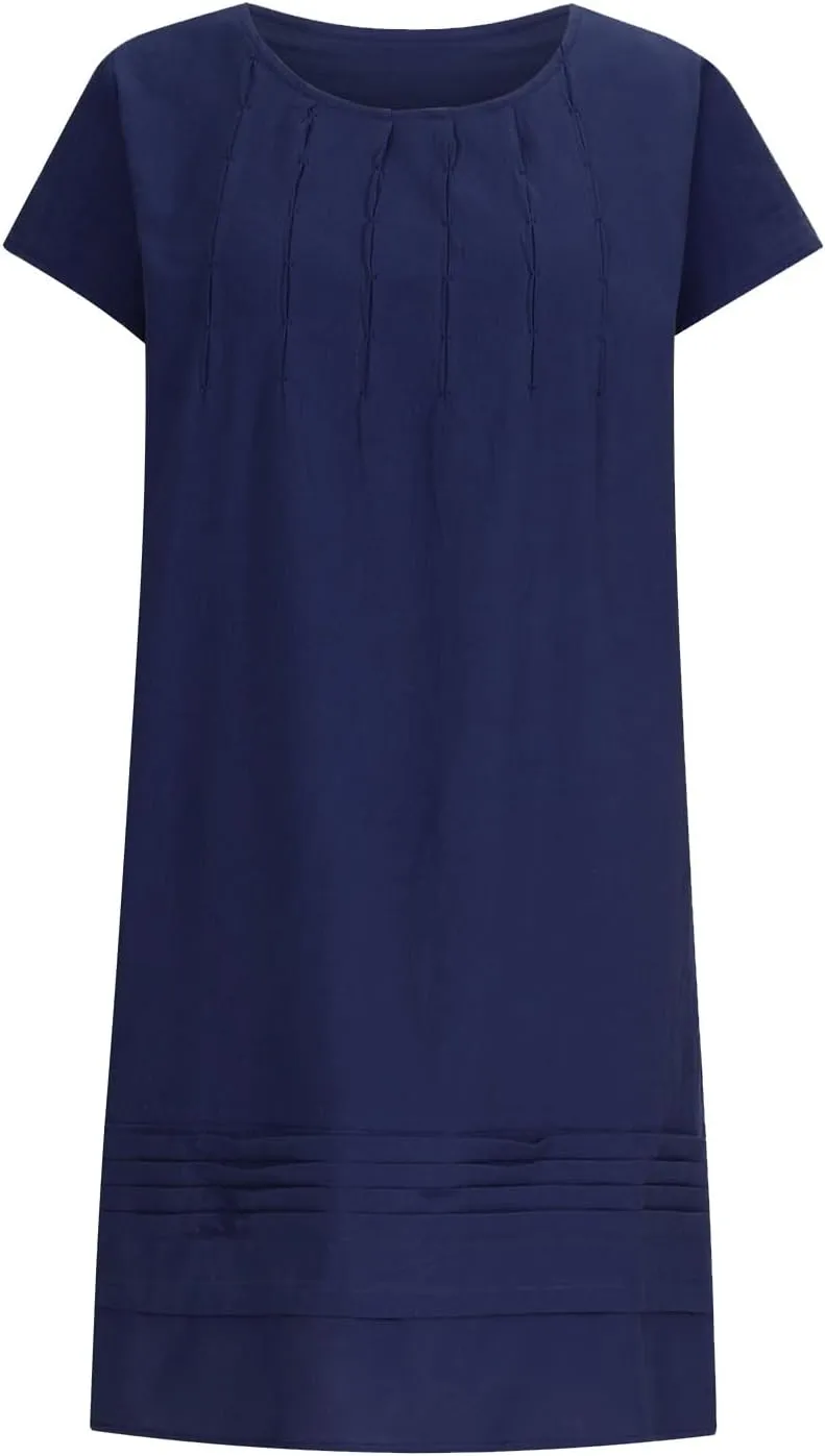 Summer Dresses for Women Casual Cotton Linen Midi Dress Plus Size Crew Neck Pleated Beach Dress Vacation Sundress