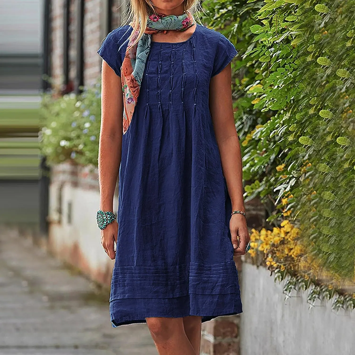 Summer Dresses for Women Casual Cotton Linen Midi Dress Plus Size Crew Neck Pleated Beach Dress Vacation Sundress