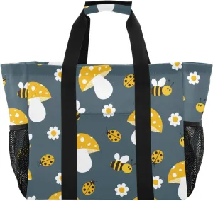 susiyo Cute Bees Mushrooms Ladybugs Large Beach Tote Pool Bag for Women Girls, Lightweight Shopping Bags Handle Handbag, Work Tote Nurse Dance Yoga Bag for Sport Travel