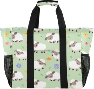 susiyo Cute Pattern with Sheeps and Flowers Large Beach Tote Pool Bag for Women Girls, Lightweight Shopping Bags Handle Handbag, Work Tote Nurse Dance Yoga Bag for Sport Travel