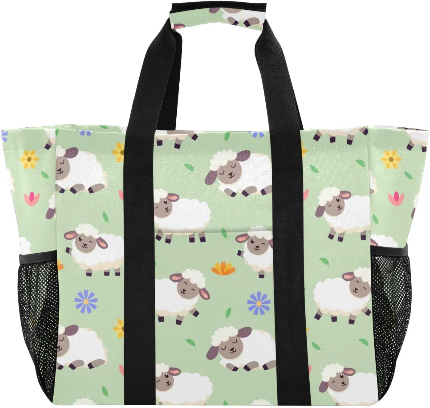 susiyo Cute Pattern with Sheeps and Flowers Large Beach Tote Pool Bag for Women Girls, Lightweight Shopping Bags Handle Handbag, Work Tote Nurse Dance Yoga Bag for Sport Travel