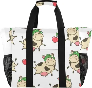 susiyo Funny Cartoon Cow Large Beach Tote Pool Bag for Women Girls, Lightweight Shopping Bags Handle Handbag, Work Tote Nurse Dance Yoga Bag for Sport Travel