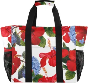 susiyo Hibiscus and Blue Hydrangea Large Beach Tote Pool Bag for Women Girls, Lightweight Shopping Bags Handle Handbag, Work Tote Nurse Dance Yoga Bag for Sport Travel