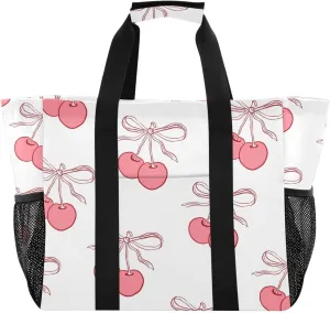 susiyo Pattern with Cherry and Bows Large Beach Tote Pool Bag for Women Girls, Lightweight Shopping Bags Handle Handbag, Work Tote Nurse Dance Yoga Bag for Sport Travel