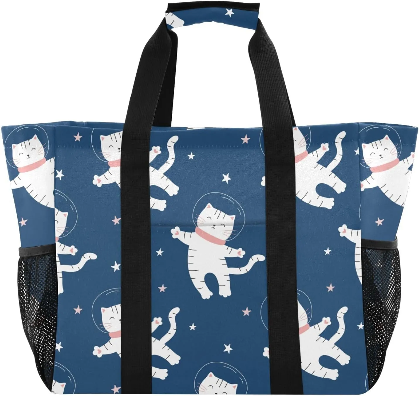 susiyo White Cat Flies in Space Large Beach Tote Pool Bag for Women Girls, Lightweight Shopping Bags Handle Handbag, Work Tote Nurse Dance Yoga Bag for Sport Travel