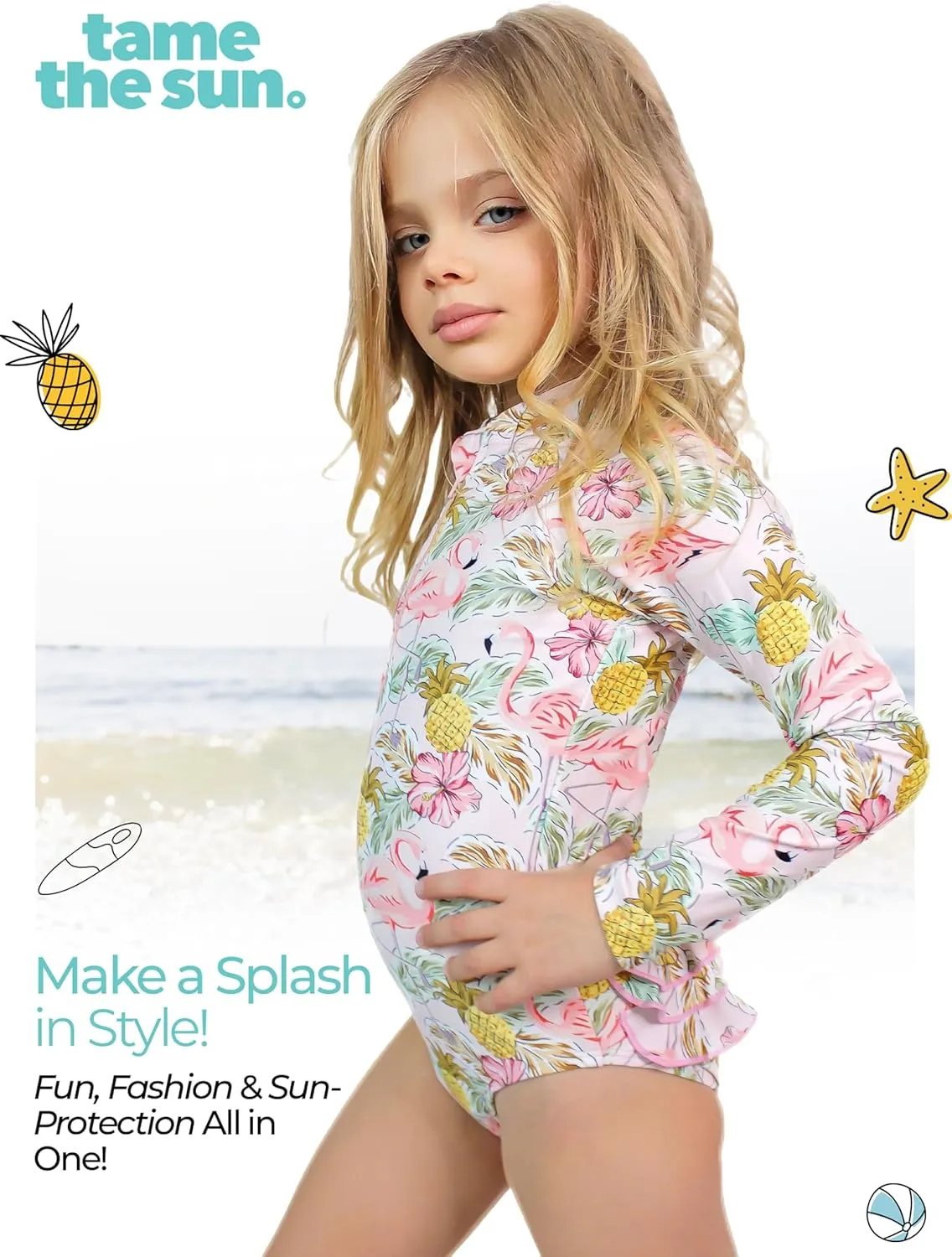 Tame the Sun Long Sleeve Girls' Swimsuit - Rash Guard with Frills, UPF 50  Zipper Swimwear - Bathing Suit for Ages 3-12