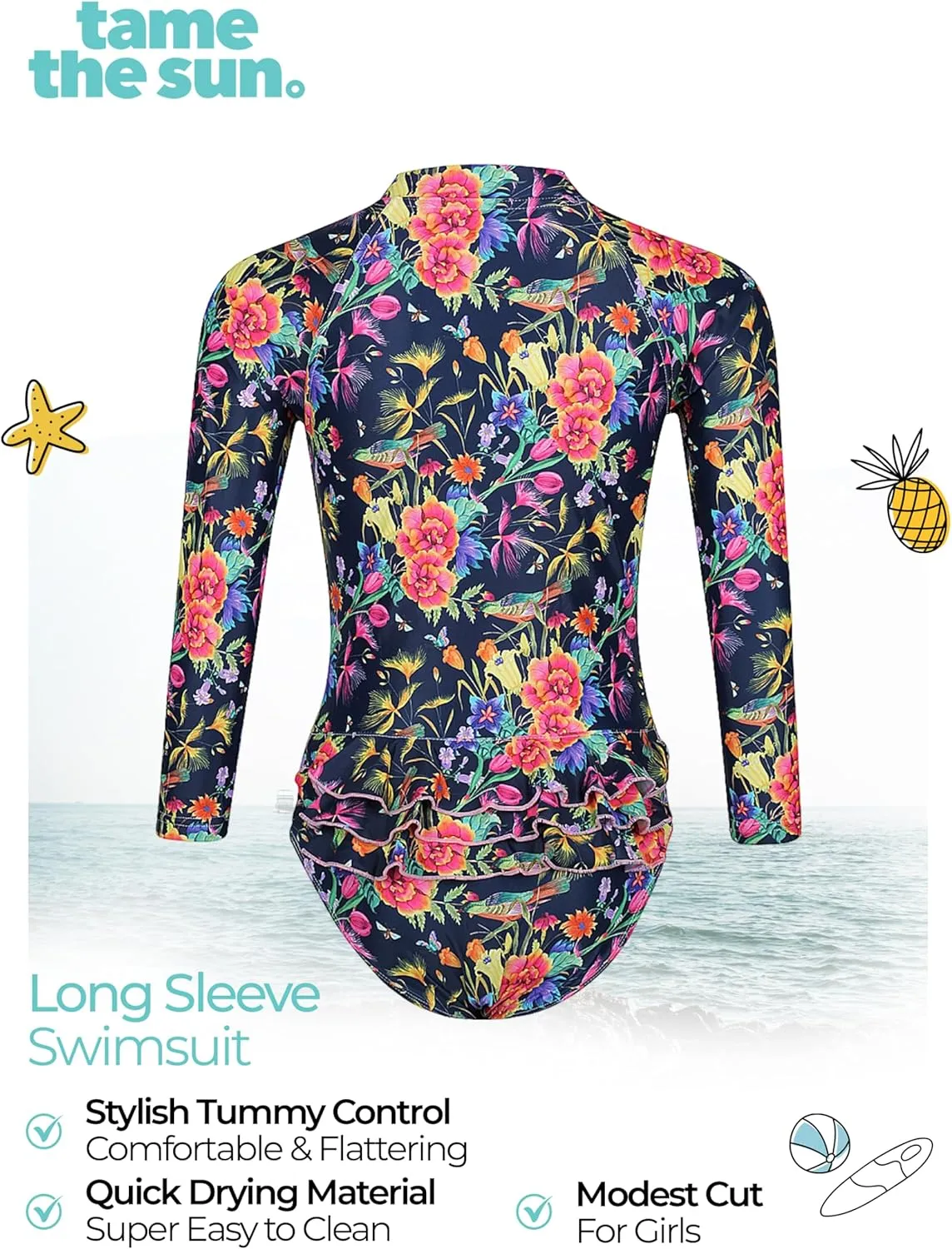 Tame the Sun Long Sleeve Girls' Swimsuit - Rash Guard with Frills, UPF 50  Zipper Swimwear - Bathing Suit for Ages 3-12
