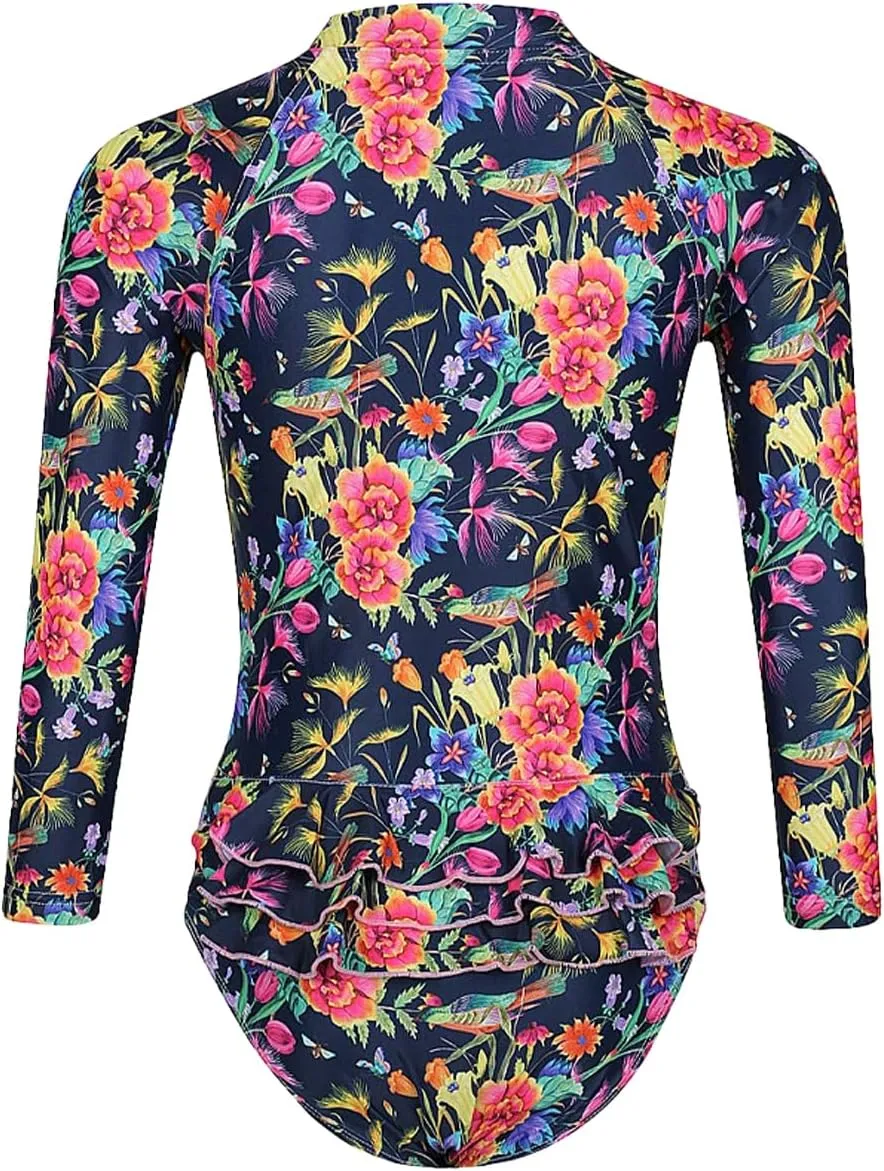 Tame the Sun Long Sleeve Girls' Swimsuit - Rash Guard with Frills, UPF 50  Zipper Swimwear - Bathing Suit for Ages 3-12