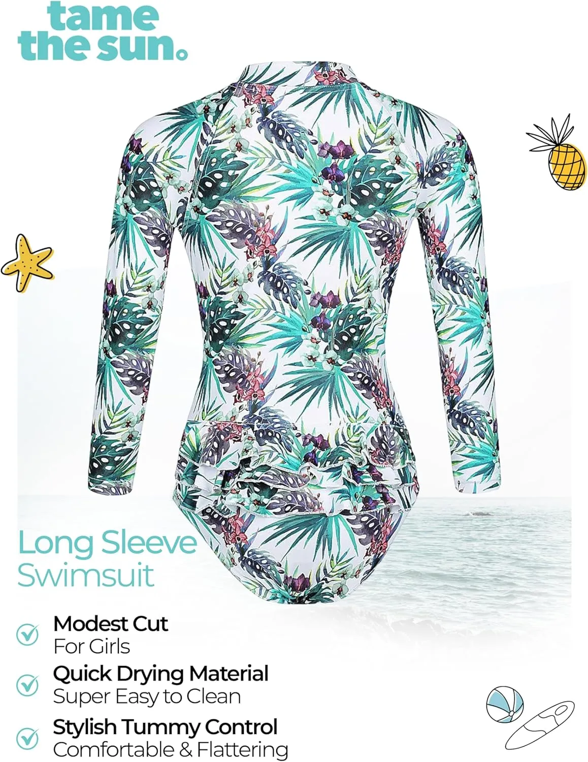 Tame the Sun Long Sleeve Girls' Swimsuit - Rash Guard with Frills, UPF 50  Zipper Swimwear - Bathing Suit for Ages 3-12