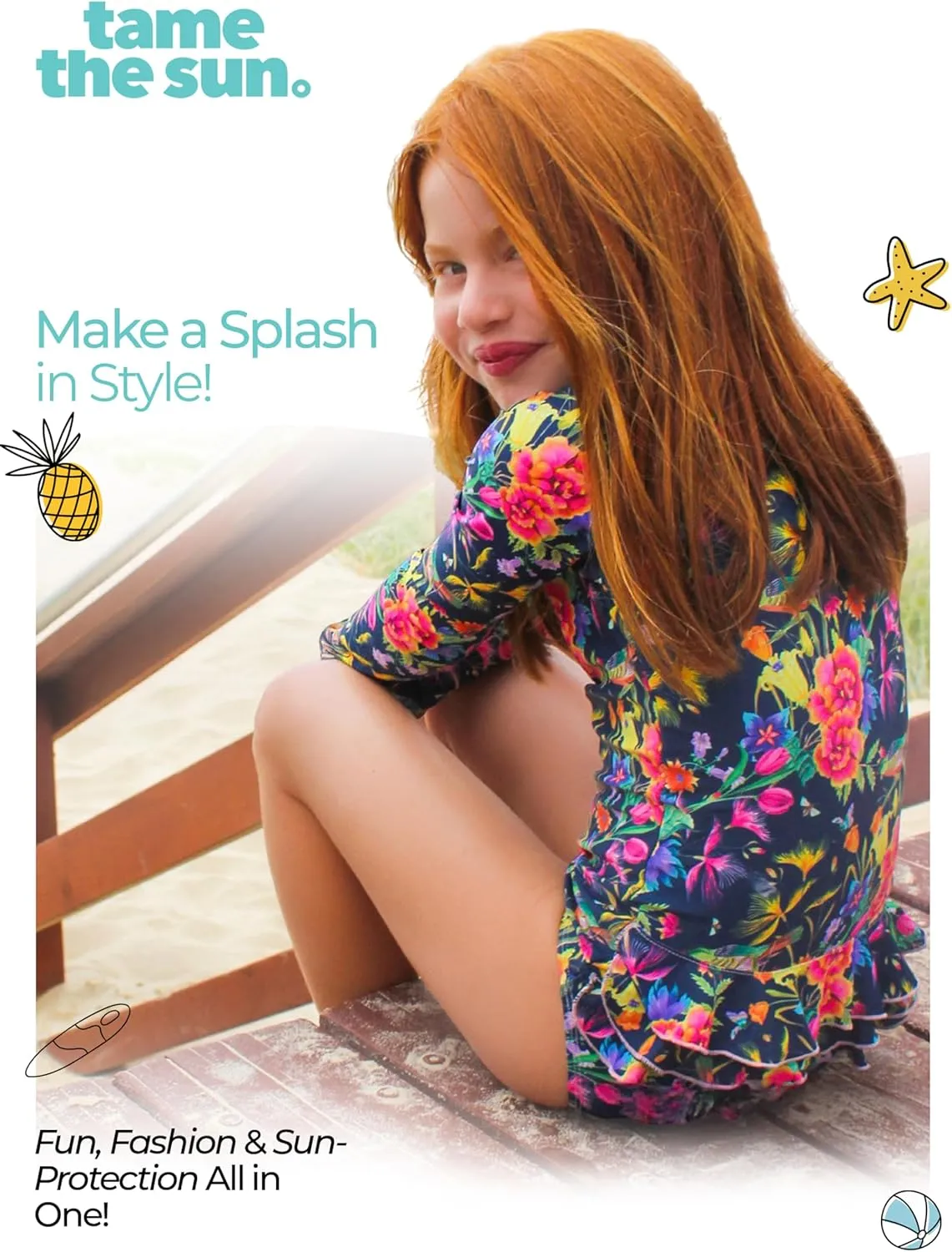 Tame the Sun Long Sleeve Girls' Swimsuit - Rash Guard with Frills, UPF 50  Zipper Swimwear - Bathing Suit for Ages 3-12