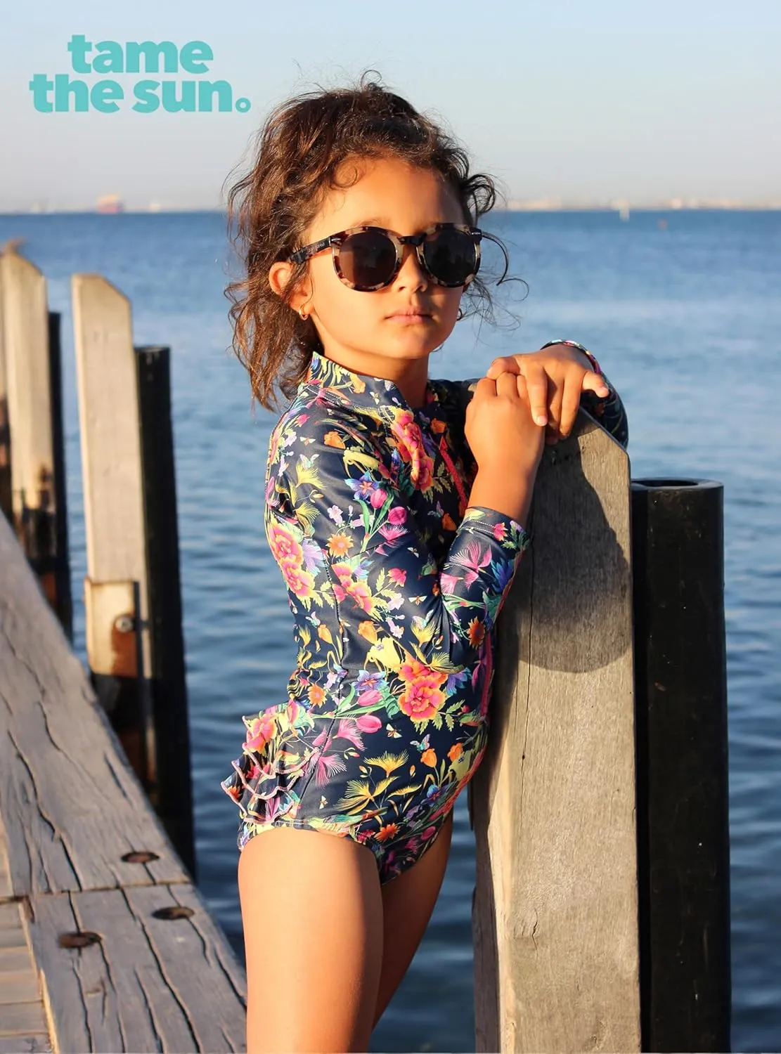 Tame the Sun Long Sleeve Girls' Swimsuit - Rash Guard with Frills, UPF 50  Zipper Swimwear - Bathing Suit for Ages 3-12