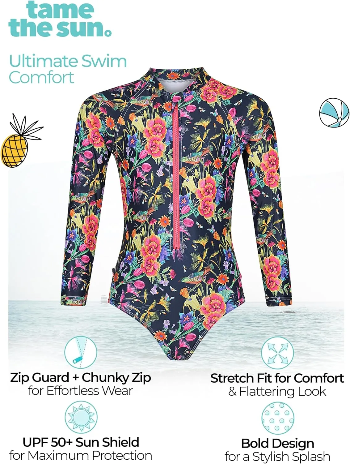Tame the Sun Long Sleeve Girls' Swimsuit - Rash Guard with Frills, UPF 50  Zipper Swimwear - Bathing Suit for Ages 3-12