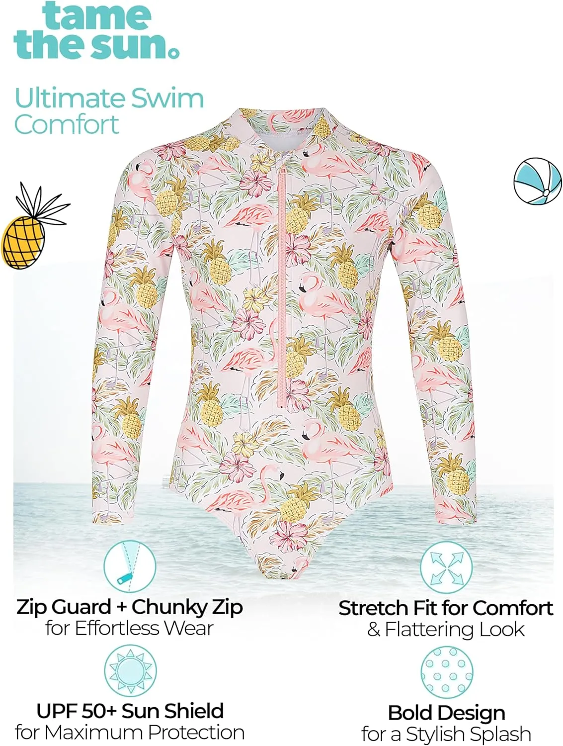 Tame the Sun Long Sleeve Girls' Swimsuit - Rash Guard with Frills, UPF 50  Zipper Swimwear - Bathing Suit for Ages 3-12