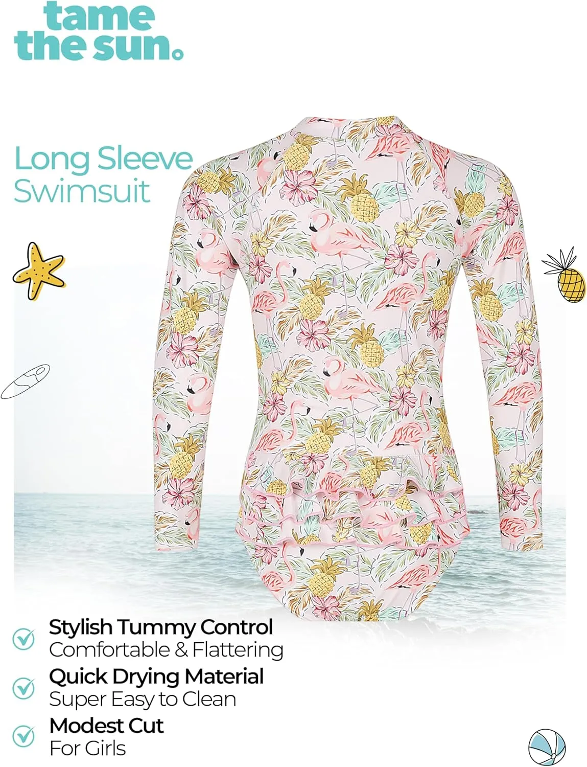 Tame the Sun Long Sleeve Girls' Swimsuit - Rash Guard with Frills, UPF 50  Zipper Swimwear - Bathing Suit for Ages 3-12
