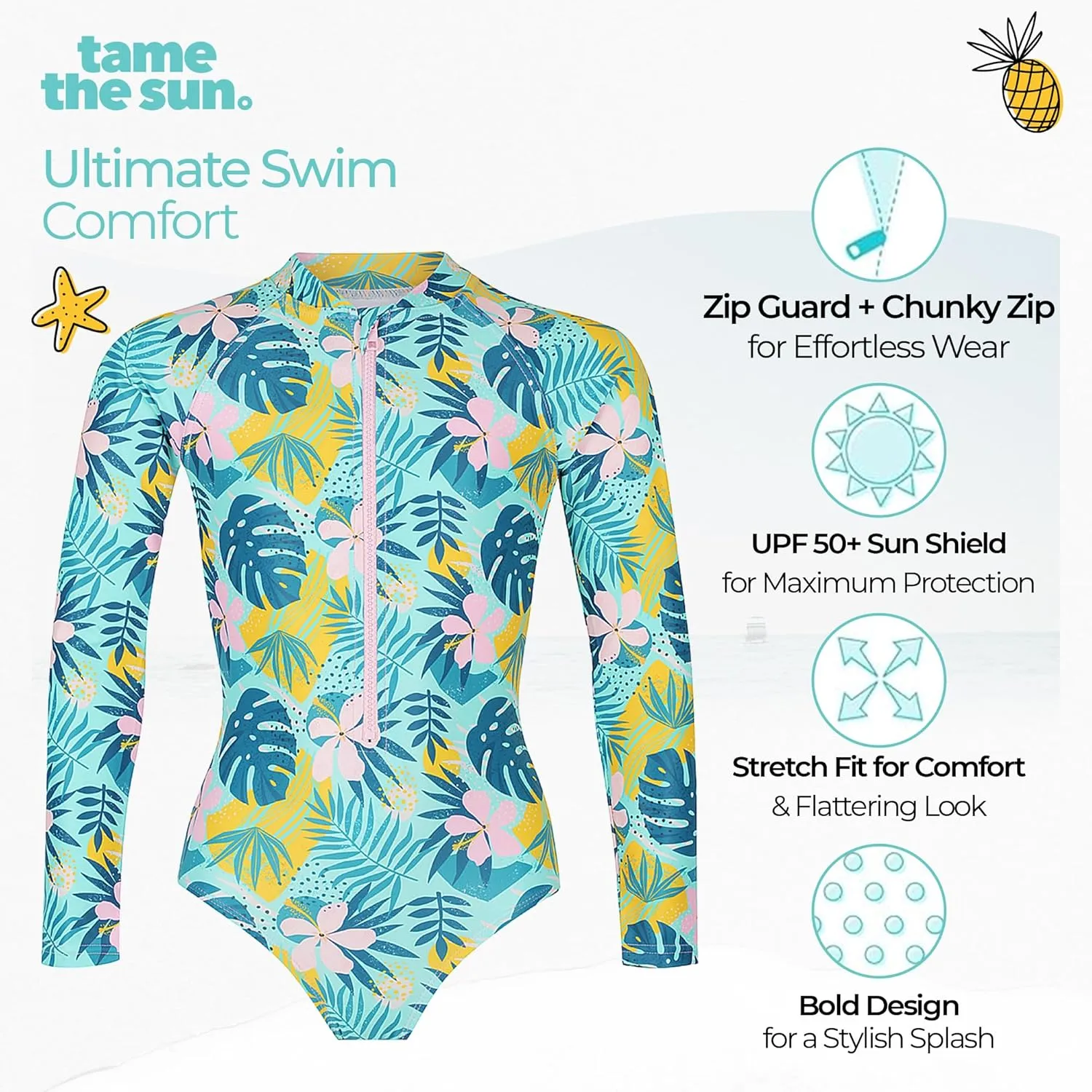 Tame the Sun Long Sleeve Girls' Swimsuit - Rash Guard with Frills, UPF 50  Zipper Swimwear - Bathing Suit for Ages 3-12