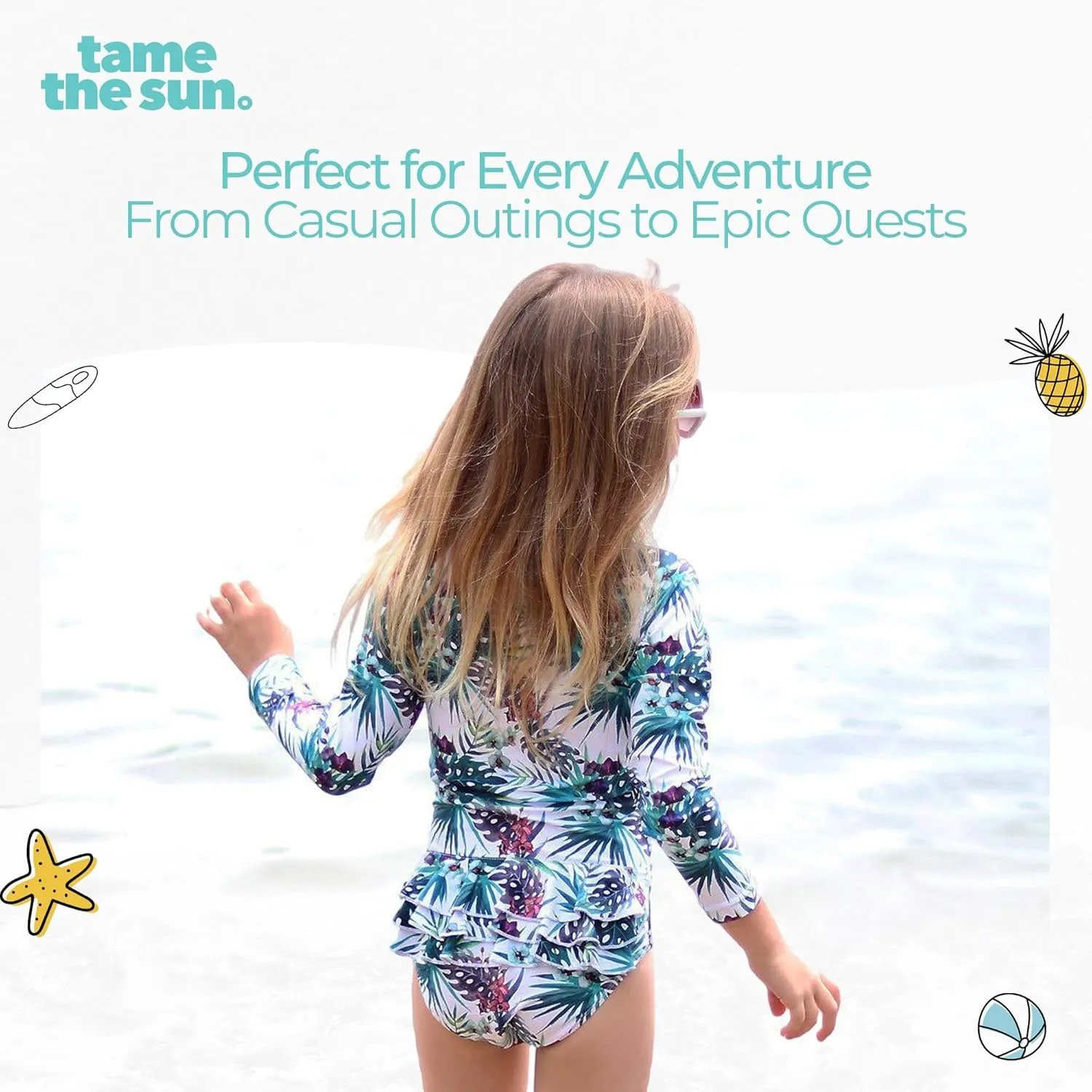 Tame the Sun Long Sleeve Girls' Swimsuit - Rash Guard with Frills, UPF 50  Zipper Swimwear - Bathing Suit for Ages 3-12