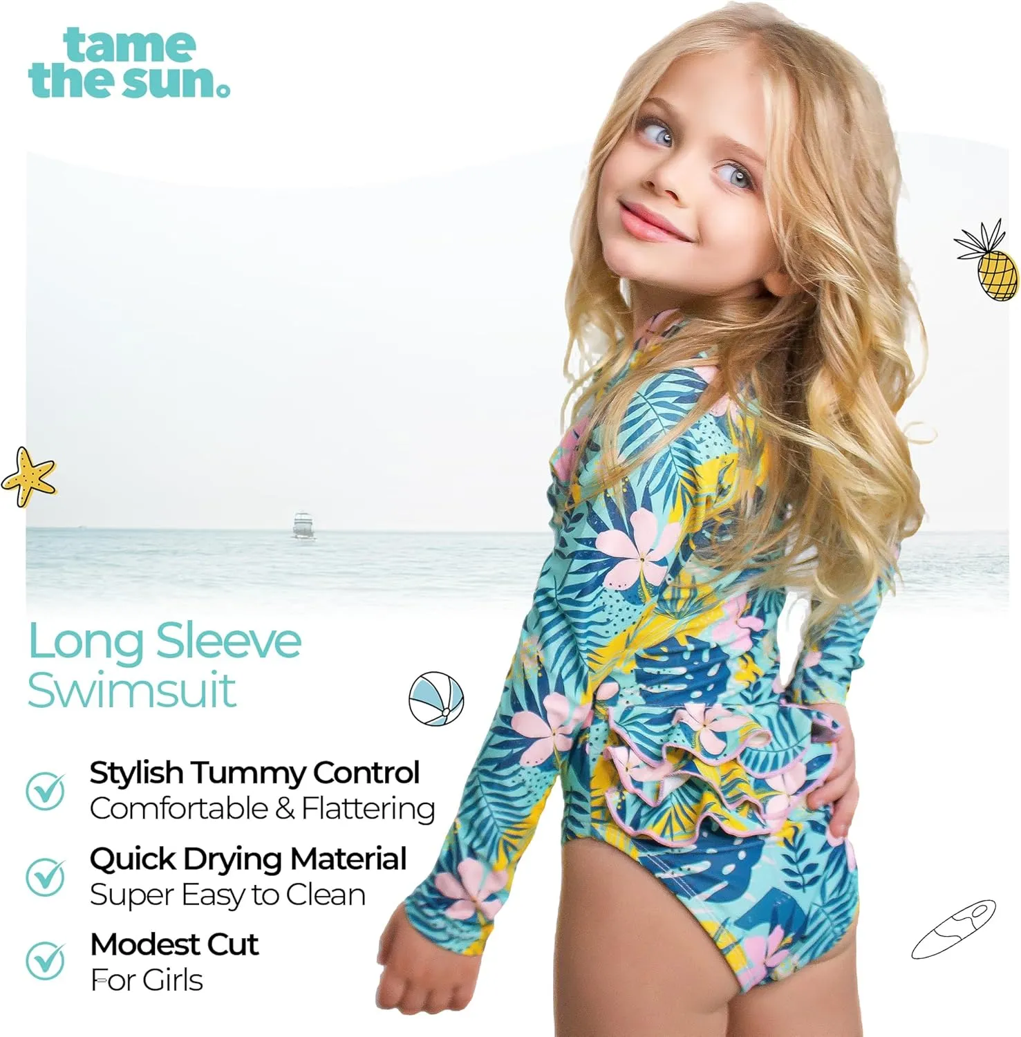 Tame the Sun Long Sleeve Girls' Swimsuit - Rash Guard with Frills, UPF 50  Zipper Swimwear - Bathing Suit for Ages 3-12