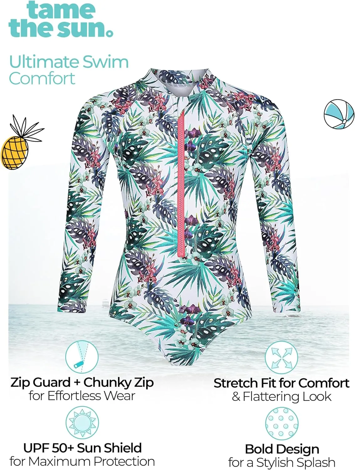 Tame the Sun Long Sleeve Girls' Swimsuit - Rash Guard with Frills, UPF 50  Zipper Swimwear - Bathing Suit for Ages 3-12