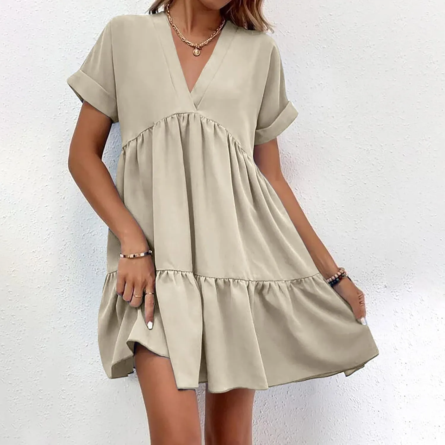 Vacation Dresses for Women 2024 Tie V Neck Solid Color Ruched Ruffle Cap Sleeve Mini Dress Short Vacation Dresses
