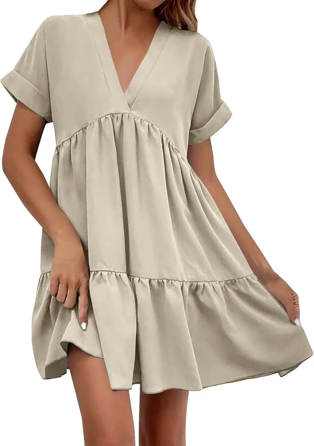Vacation Dresses for Women 2024 Tie V Neck Solid Color Ruched Ruffle Cap Sleeve Mini Dress Short Vacation Dresses