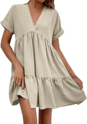 Vacation Dresses for Women 2024 Tie V Neck Solid Color Ruched Ruffle Cap Sleeve Mini Dress Short Vacation Dresses