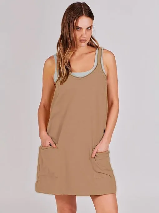 VAOYIU Womens Athletic Sleeveless Mini Dress Hot Shot Romper Dresses Spaghetti Strap Tennis Dress Built in Shorts