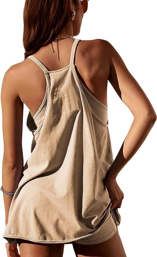 VAOYIU Womens Athletic Sleeveless Mini Dress Hot Shot Romper Dresses Spaghetti Strap Tennis Dress Built in Shorts