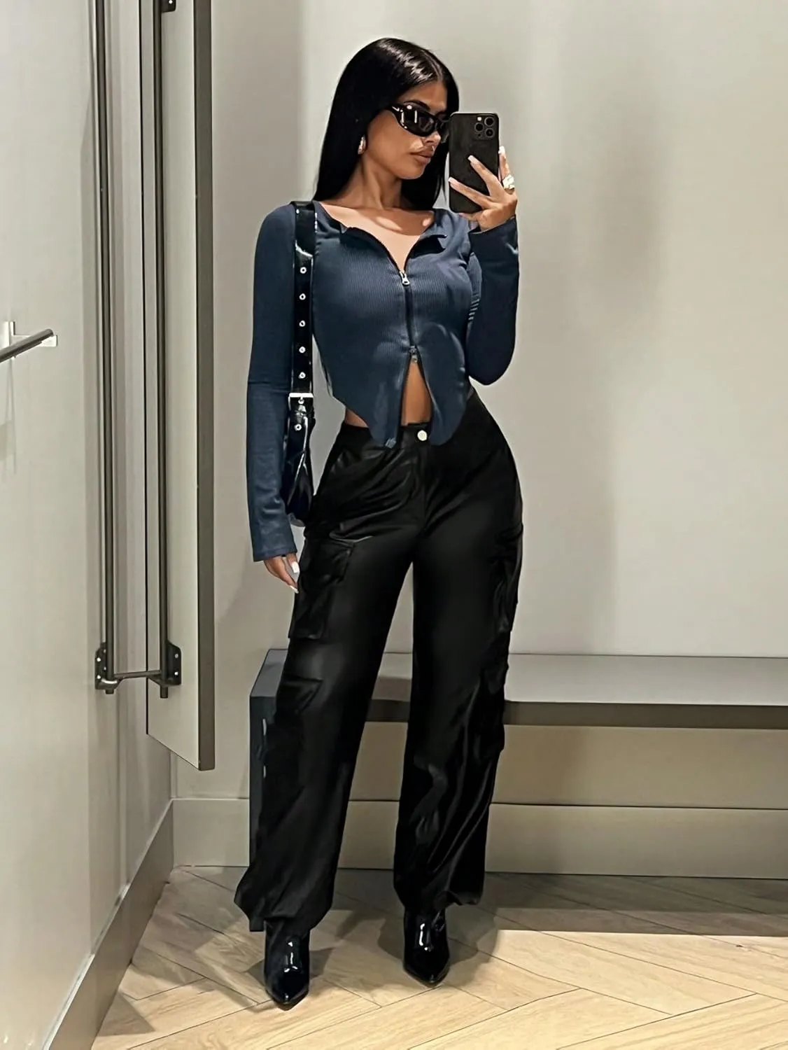WDIRARA Women's PU Leather Cargo Pants High Waist Button Up Zipper Fly Pants Party Club Trousers with Flap Pockets