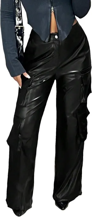 WDIRARA Women's PU Leather Cargo Pants High Waist Button Up Zipper Fly Pants Party Club Trousers with Flap Pockets