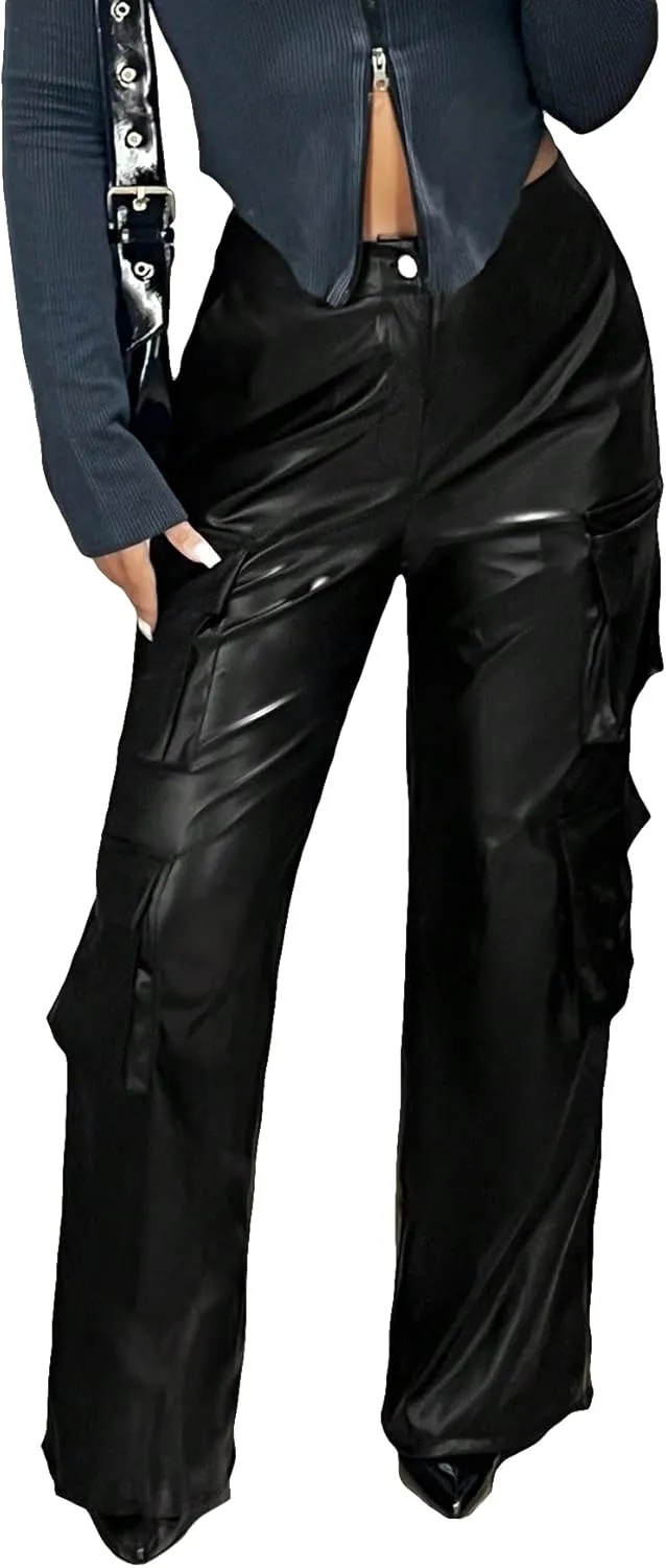 WDIRARA Women's PU Leather Cargo Pants High Waist Button Up Zipper Fly Pants Party Club Trousers with Flap Pockets