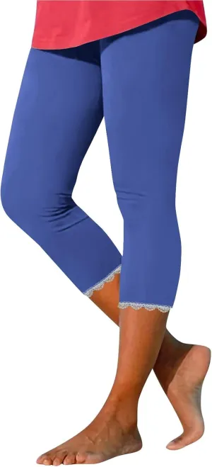 Women Capris Bottom Leggings Summer High Waist Slim Lace Hem Capris Pants Casual Fitting Athletic Gym Yoga Pants 2025