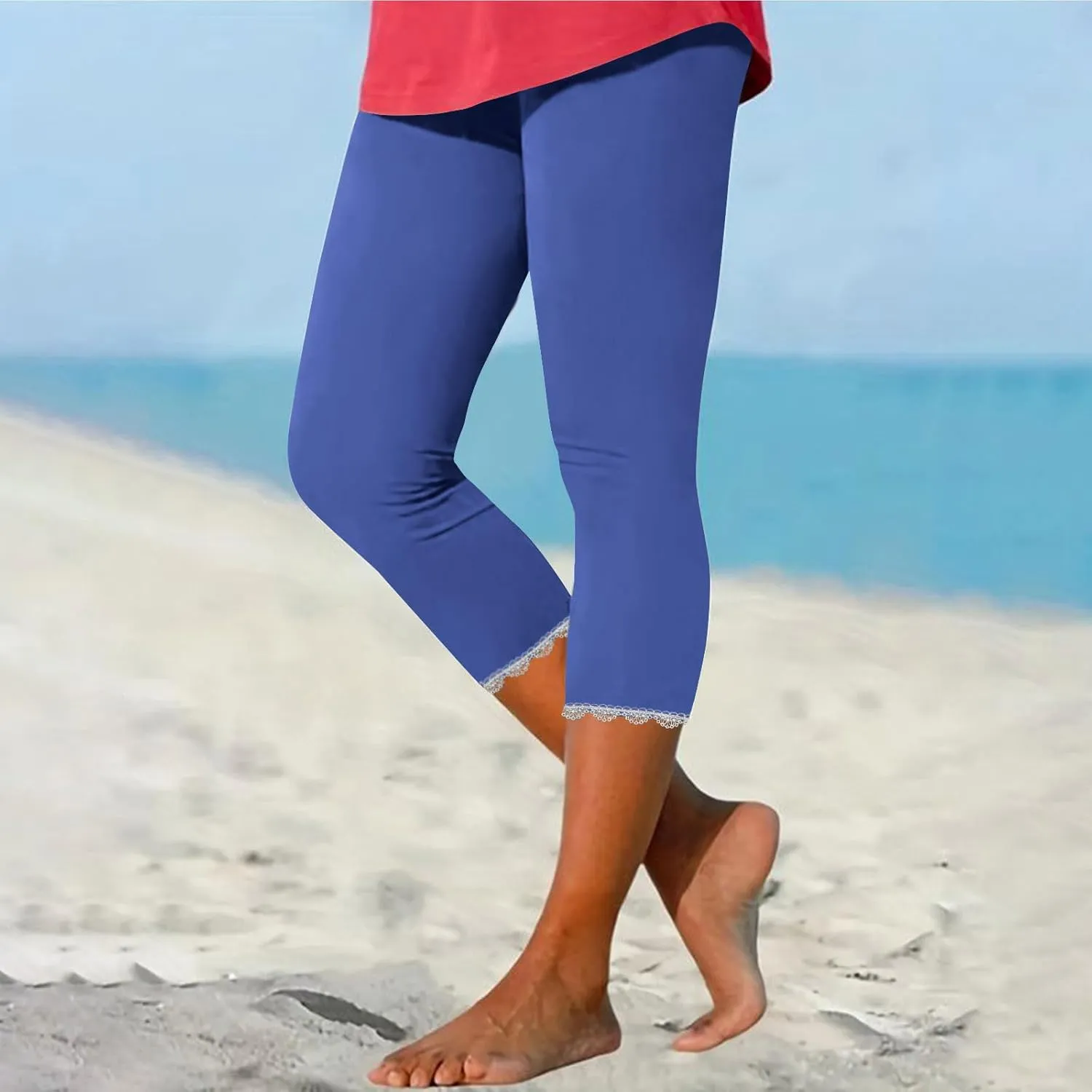 Women Capris Bottom Leggings Summer High Waist Slim Lace Hem Capris Pants Casual Fitting Athletic Gym Yoga Pants 2025
