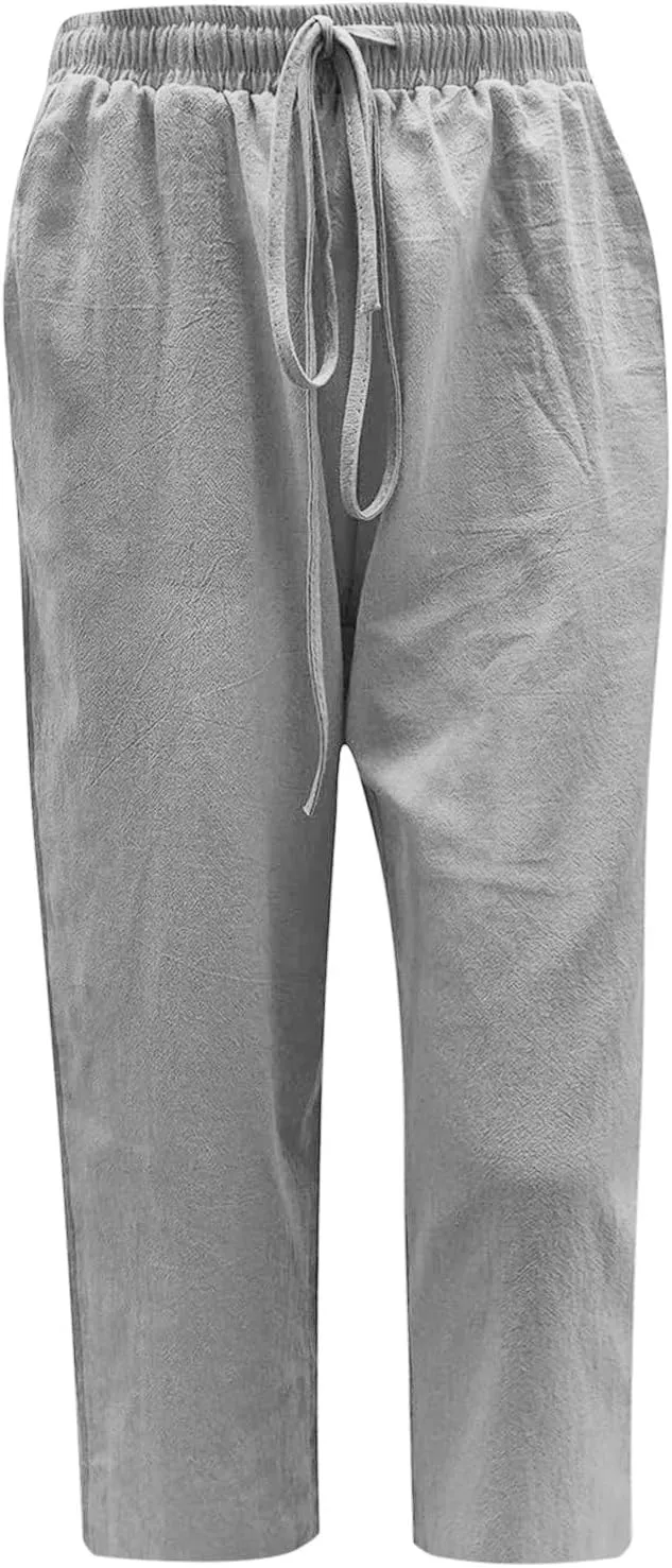 Women Linen Summer Boho Palazzo Pants Low Waist Ankle Length Slim-Fit Pant Trousers Vacation