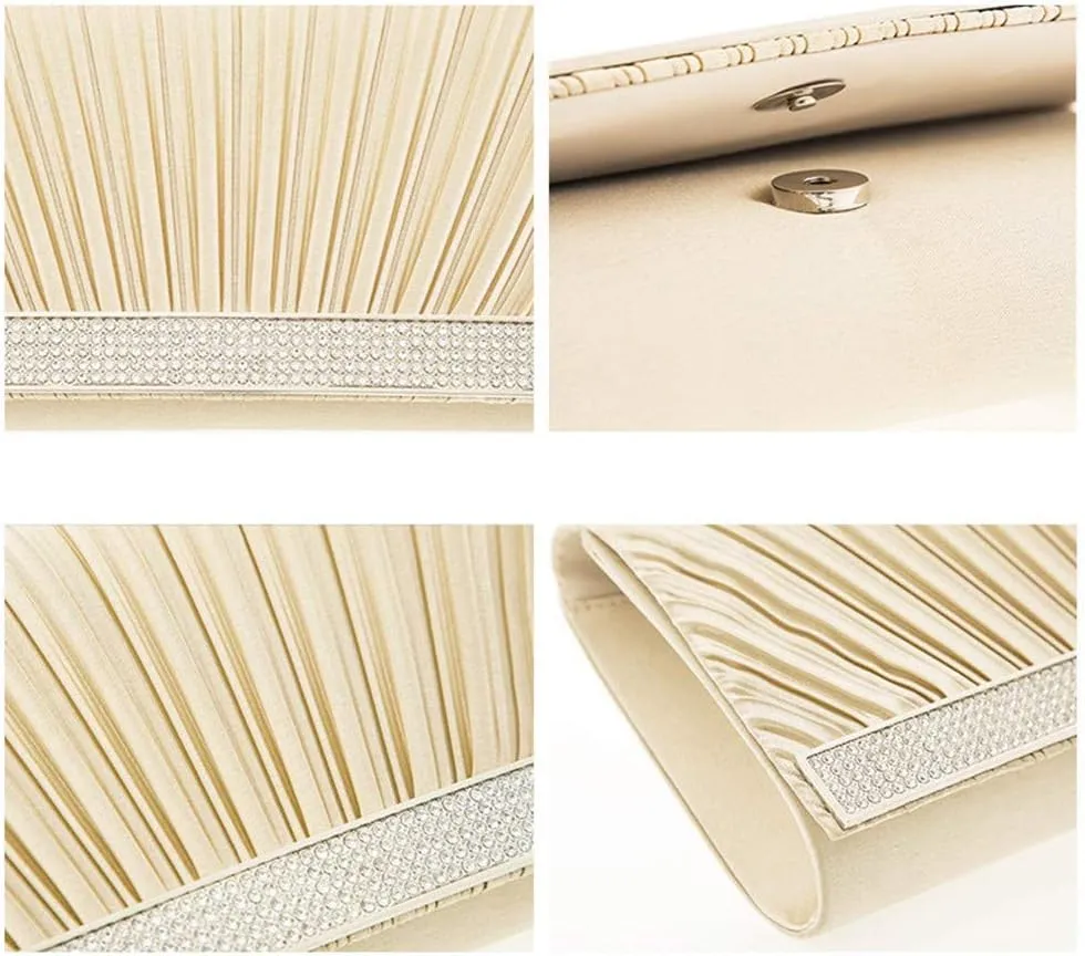 Women Luxury Rhinestone Evening Handbag Shoulder Bag Pleated Party Clutch Bag