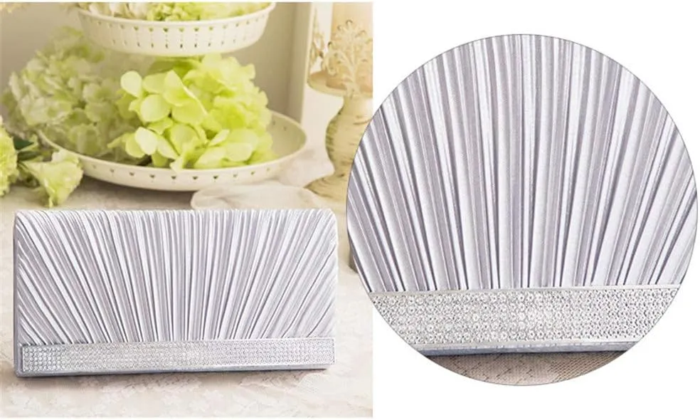 Women Luxury Rhinestone Evening Handbag Shoulder Bag Pleated Party Clutch Bag