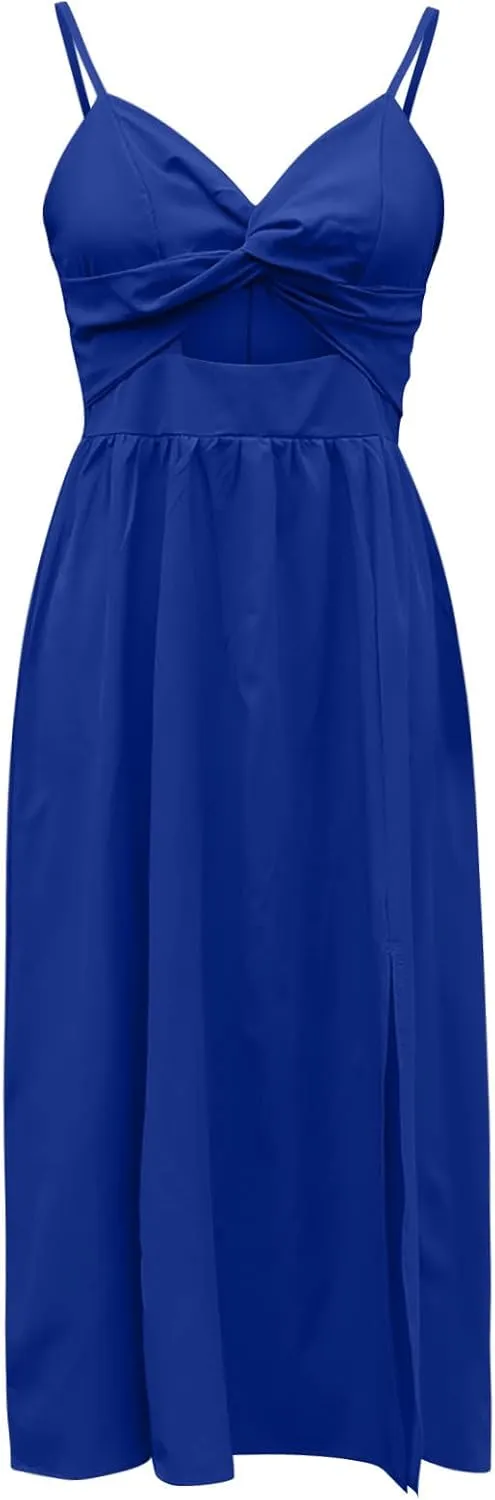 Women Sexy Sleeveless Maxi Dresses Summer Cutout Twist Front V-Neck Sundress Side Split Beach Long Dress with Pockets