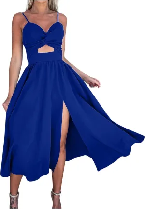 Women Sexy Sleeveless Maxi Dresses Summer Cutout Twist Front V-Neck Sundress Side Split Beach Long Dress with Pockets
