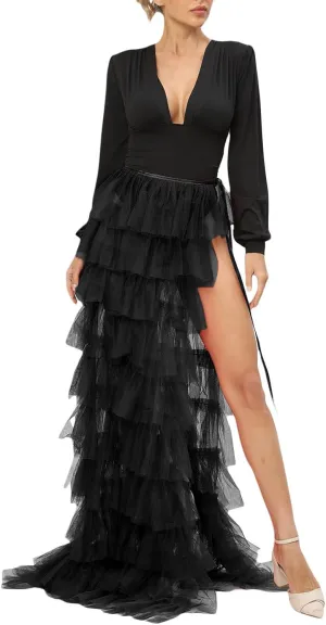 Women Sexy Tulle Tutu Long Skirt Fairycore Layered Ruffle Sheer Mesh Maxi Skirt High Split A Line Flowy Party Skirt
