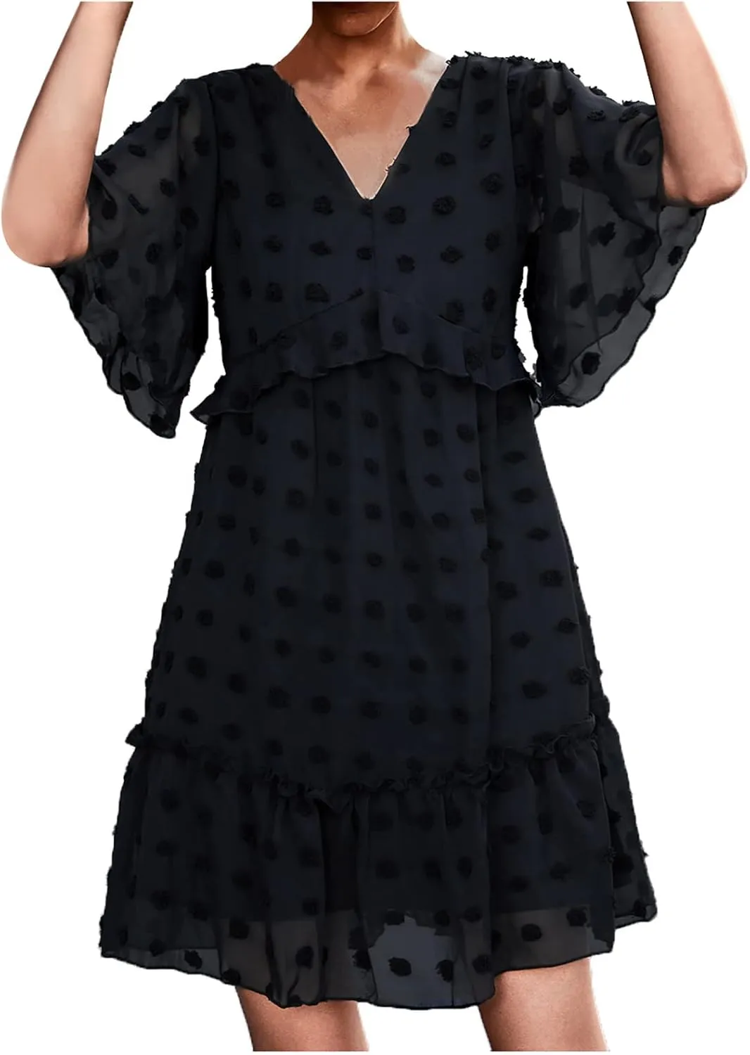 Womens 2022 Summer Casual Ruffles Swiss Dot Elegant Boho Mini Short Skater Dresses Sexy V Neck Short Sleeve Beach Dress Black