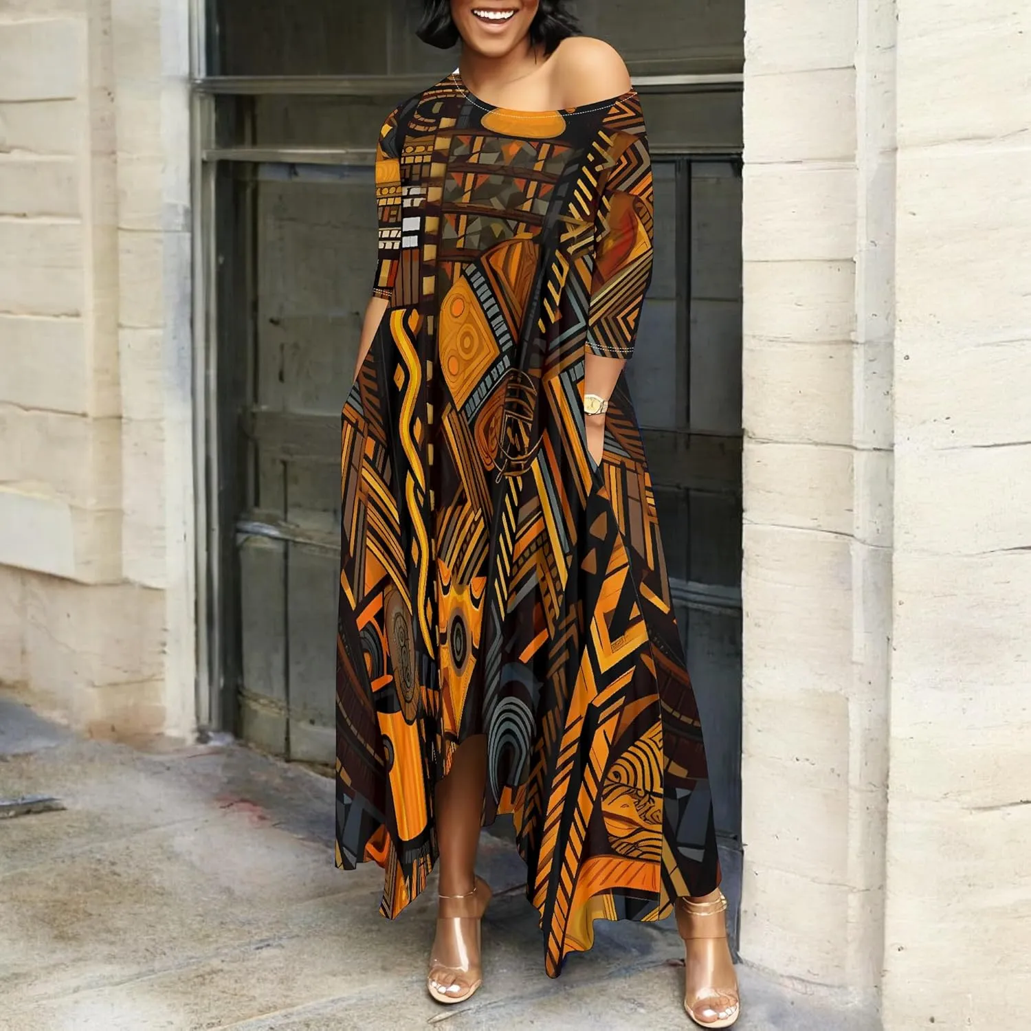 Women's 3/4 Sleeve Collarless Dress Women's Loose Plus Size Maxi Dress Sexy Off Shoulder Casual Home Nightdress