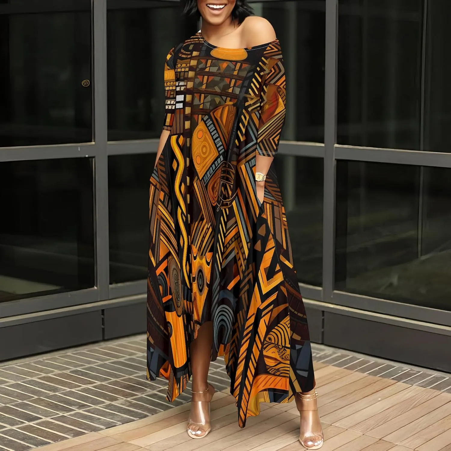 Women's 3/4 Sleeve Collarless Dress Women's Loose Plus Size Maxi Dress Sexy Off Shoulder Casual Home Nightdress