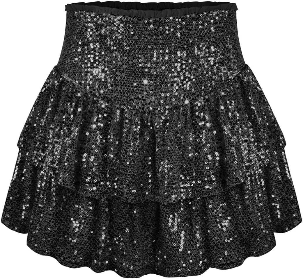 Women's A-Line High Elastic Waist Sequin Pleated Mini Midi Skirt