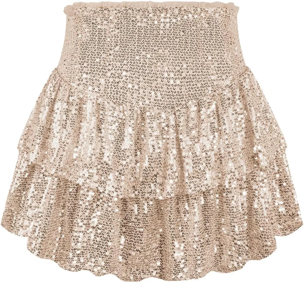 Women's A-Line High Elastic Waist Sequin Pleated Mini Midi Skirt