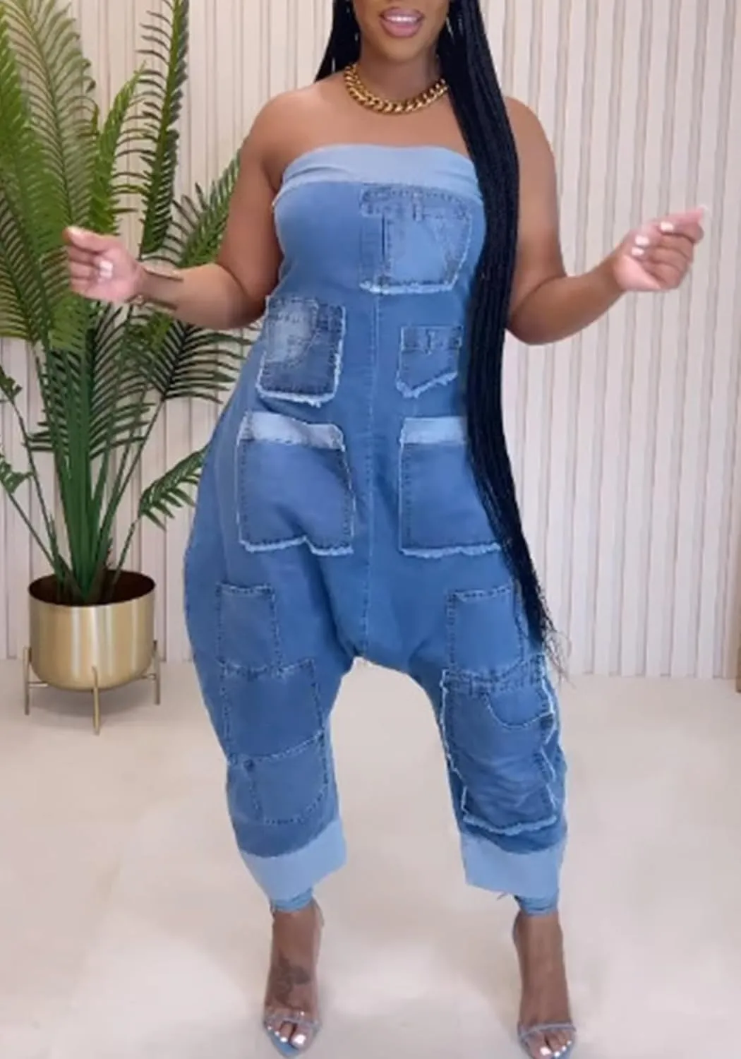 Womens Cargo Denim Jumpsuit Strapless Loose Baggy Jean Romper Cargo Long Pants with Pockets