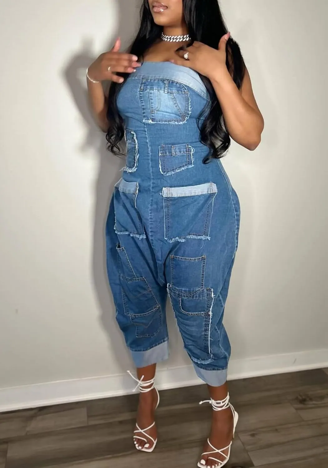 Womens Cargo Denim Jumpsuit Strapless Loose Baggy Jean Romper Cargo Long Pants with Pockets