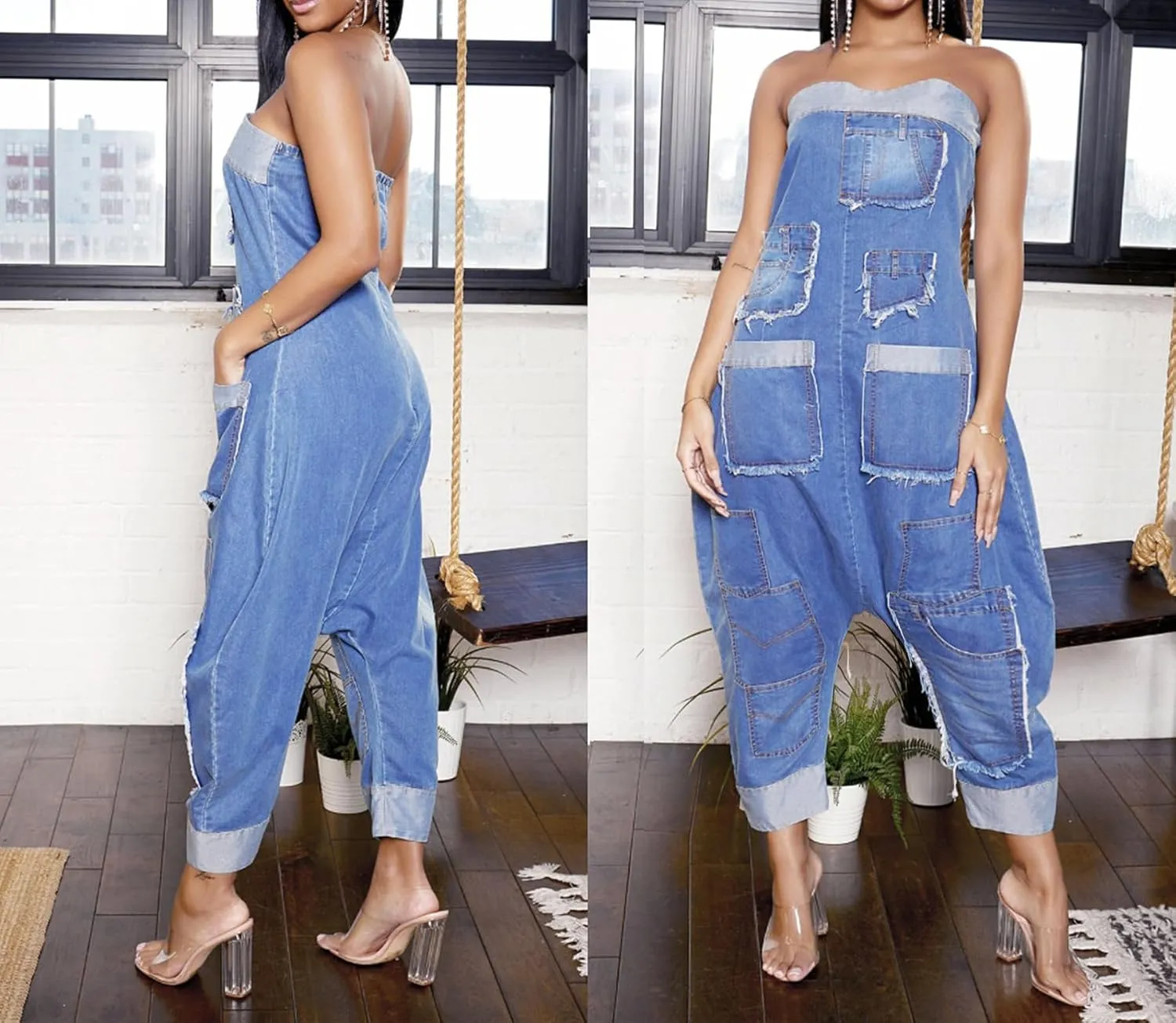 Womens Cargo Denim Jumpsuit Strapless Loose Baggy Jean Romper Cargo Long Pants with Pockets